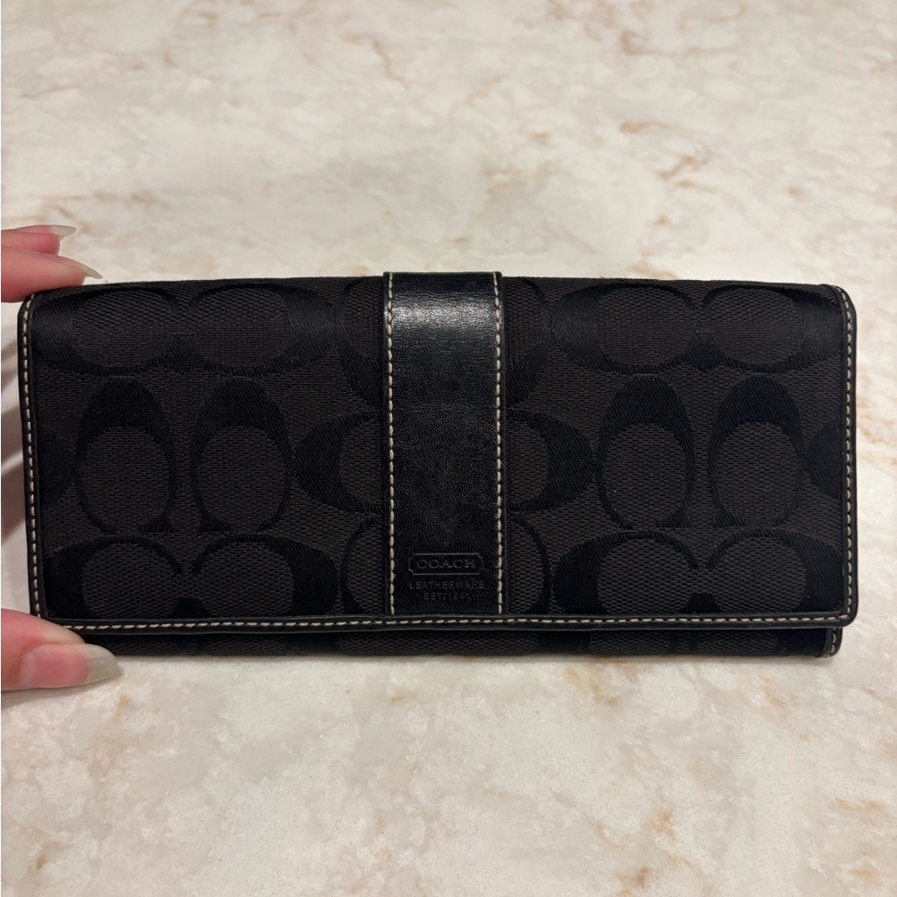 Coach Signature Jacquard Leather Trim Black Long Wallet